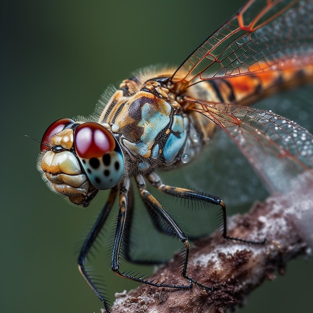 Una libellula con gli occhi rossi è seduta su un ramo.