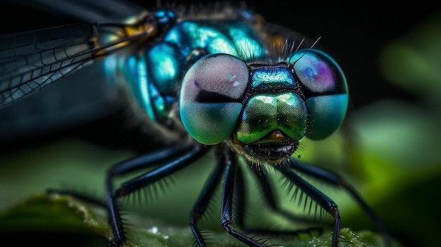 Una libellula con gli occhi verdi si siede su una foglia.