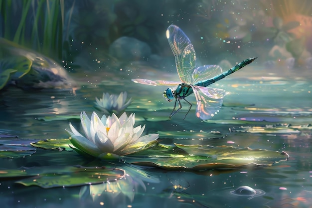 Una libellula con le ali iridescenti che vola vicino a un giglio d'acqua in uno stagno sereno