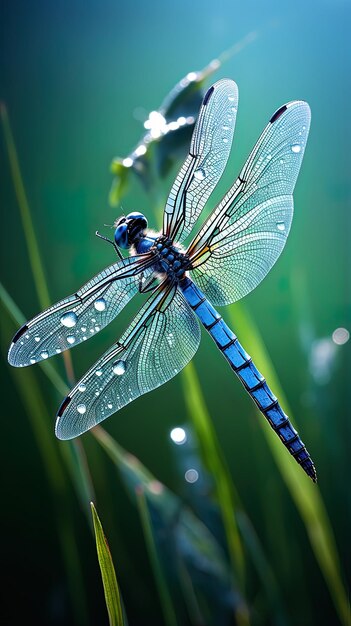 una libellula con strisce blu e nere è seduta su un'erba verde