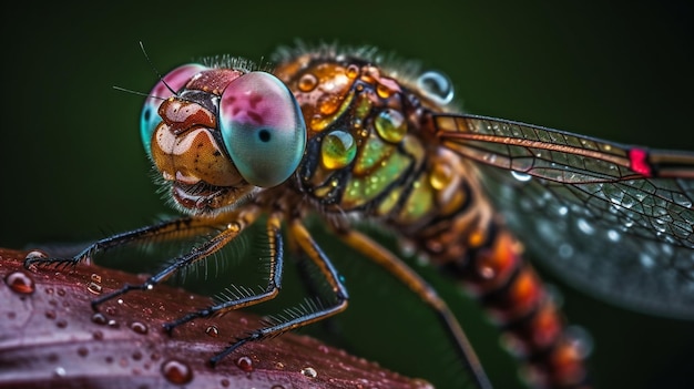 Una libellula dal corpo verde e rosso si posa su una foglia.