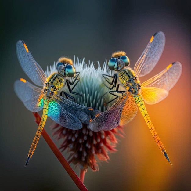 Una libellula è seduta su un fiore con le ali spiegate.