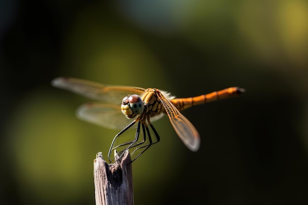 Una libellula si siede su un bastone con l'occhio aperto.