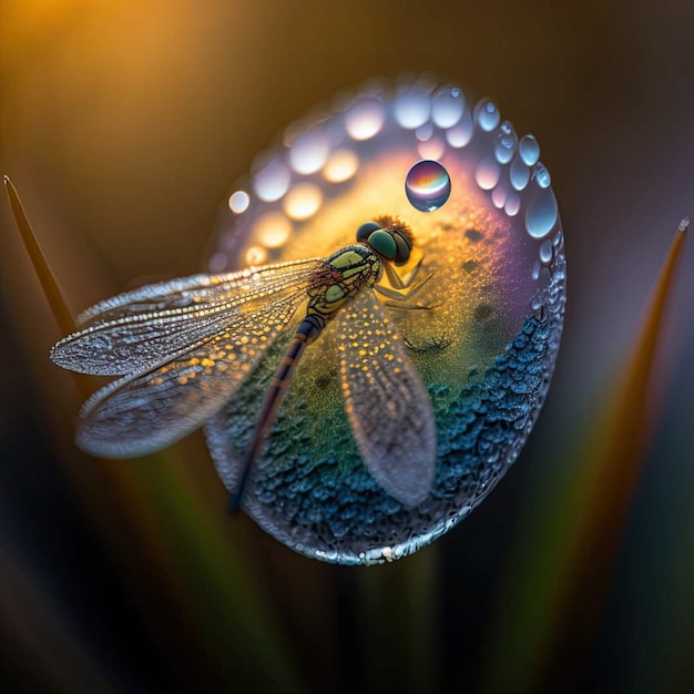 Una libellula si siede su una foglia con gocce d'acqua su di essa.