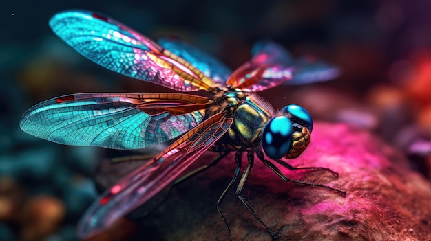 Una libellula si siede su una foglia con uno sfondo colorato.