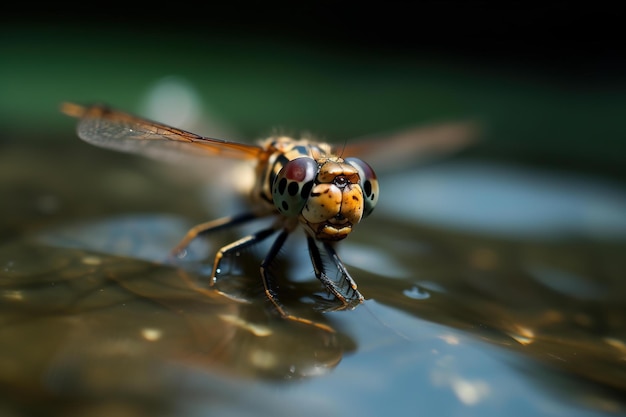 Una libellula siede in uno stagno con gli occhi aperti e gli occhi aperti.