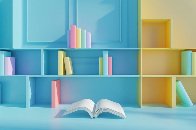 Una libreria colorata con un libro aperto