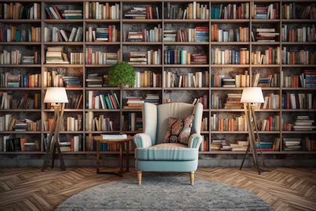 Una libreria con scaffali e una sedia al centro