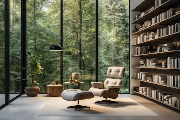 Una libreria domestica moderna e minimalista splendidamente adornata da una poltrona dal design pulito e a...