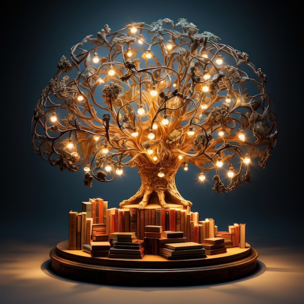 Una libreria in stili di alberi e rami ispirati allo stile dei neuroni umani con lampadine