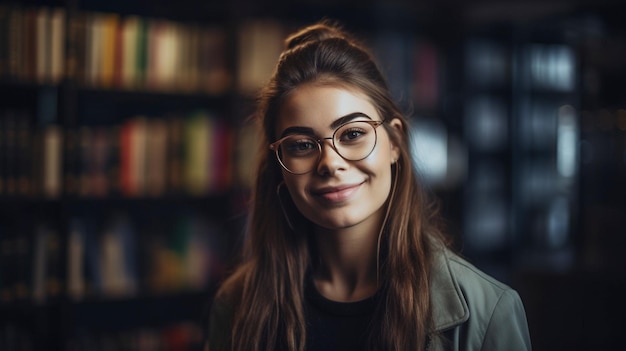 Una libreria in una biblioteca universitaria con il ritratto di una donna allegra in piedi dietro di essa è stata creata utilizzando l'IA generativa