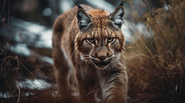 Una lince cammina nell'erba nella neve.