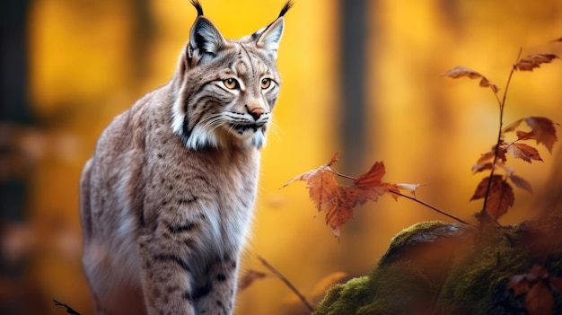 una lince con una foglia rossa sullo sfondo