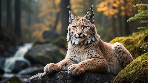 Una lince è seduta su una roccia nella foresta