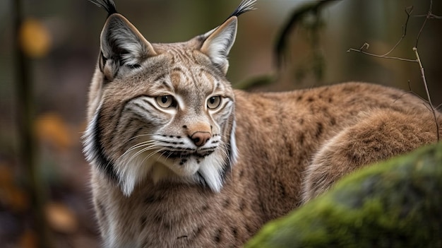 Una lince sta guardando la telecamera in una foresta.