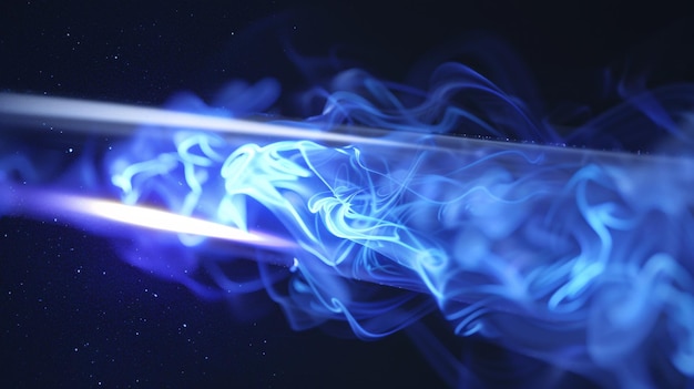 una linea blu di fumo è illuminata con un lungo bastone di una torcia abstract fibra ottica fascio di cavo luminoso