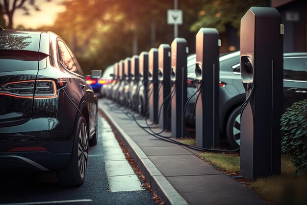 Una linea di auto elettriche in ricarica presso una stazione di ricarica pubblica AI generation