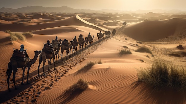 Una linea di cammelli è mostrata su una strada del deserto generativa ai
