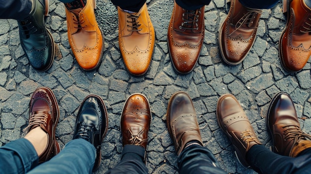 Una linea di eleganti scarpe da lavoro maschili disposte ordinatamente in fila che mostrano una varietà di disegni e colori