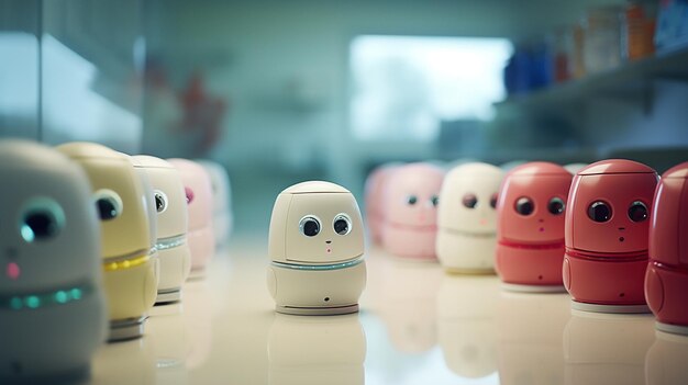 Una linea di robot allegri di colori pastello, possibilmente per bambini, mostra contenuti educativi per bambini.