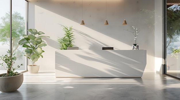 una lobby di ufficio moderna con un'estetica minimalista con una reception bianca elegante