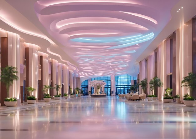 Una lobby spaziosa e ben illuminata con un design impressionante del soffitto