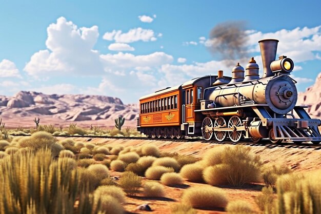 Una locomotiva a vapore che sbuffa attraverso un paesaggio desertico estivo generativo ai