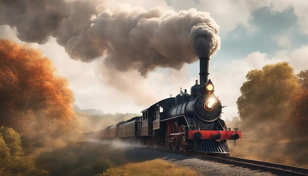 Una locomotiva a vapore d'epoca con fumo ondeggiante e uno sfondo di campagna vibrante