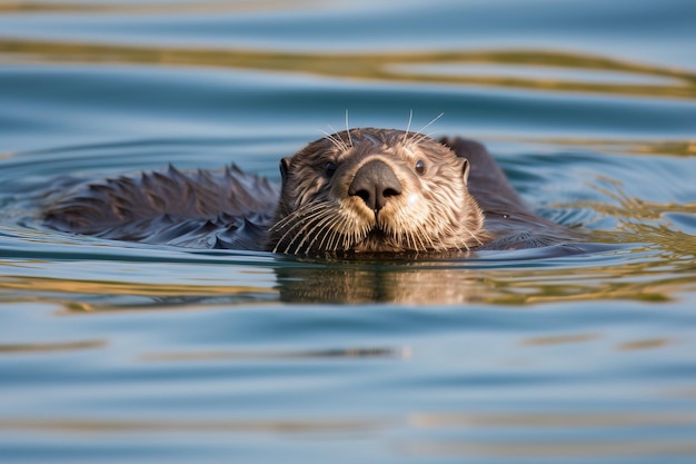 Una lontra che galleggia sul dorso nell'acqua