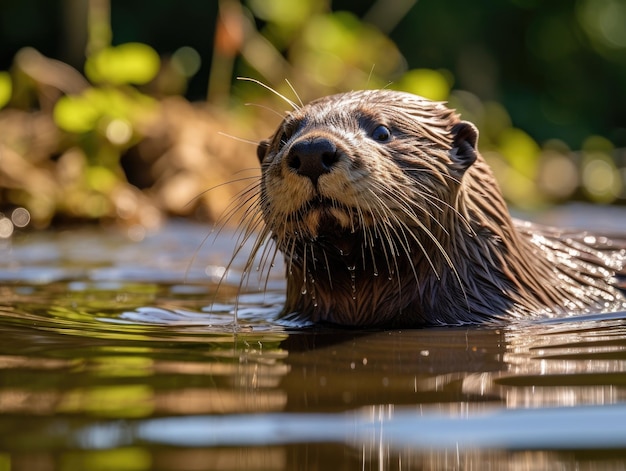 una lontra che nuota in acqua