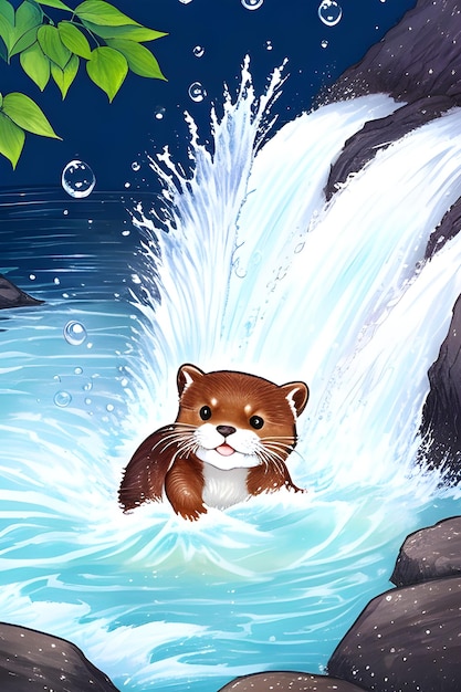 Una lontra giocosa che scivola lungo la riva di un fiume