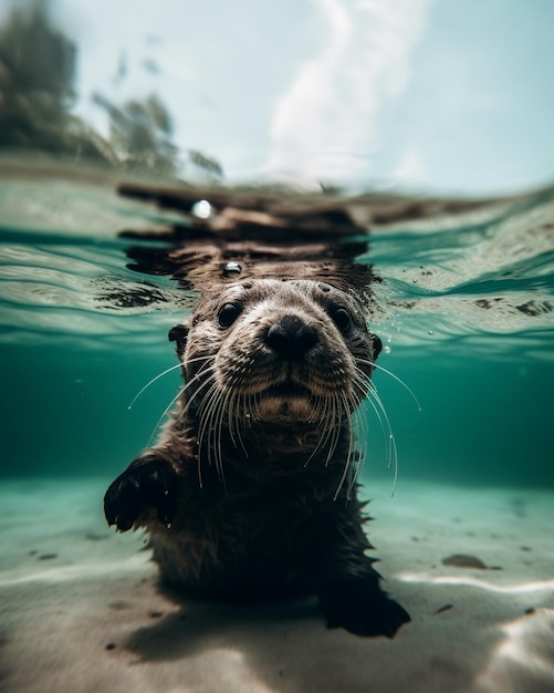 Una lontra marina che nuota sott'acqua nell'acqua