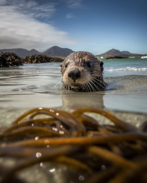 Una lontra marina nuota nell'acqua.