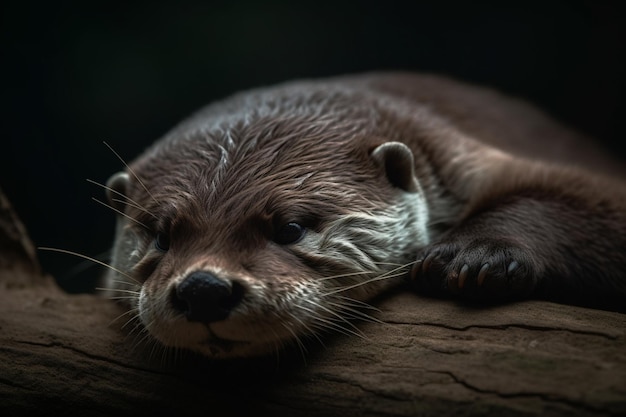 Una lontra riposa su un tronco in una stanza buia.