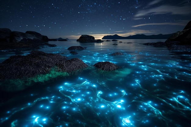 Una luce blu nell'acqua è illuminata da una notte stellata.