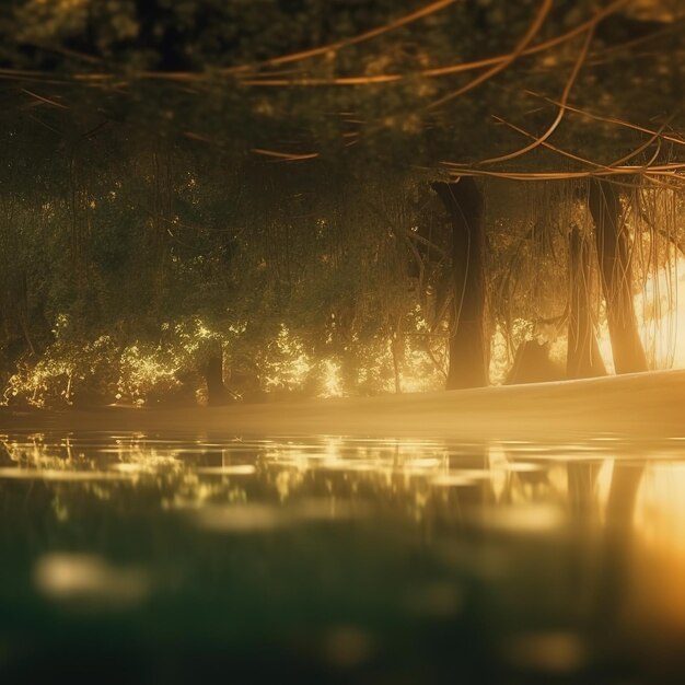 Una luce risplende su un bosco con alberi e l'acqua in primo piano.