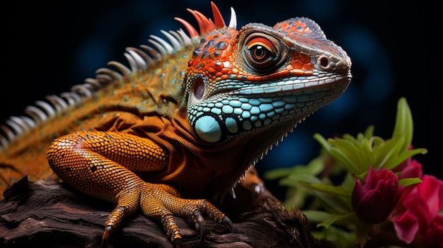 Una lucertola colorata con uno sfondo nero e uno sfondo nero