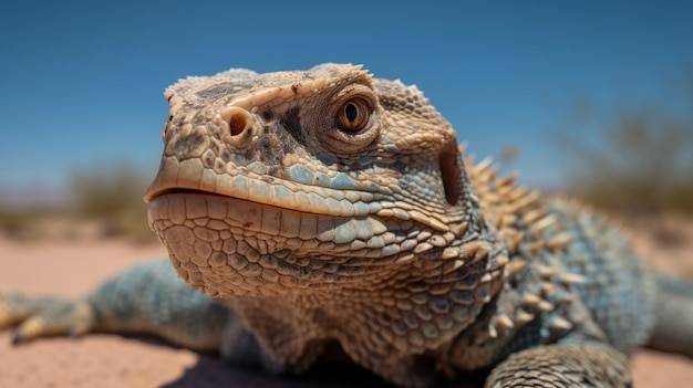 Una lucertola con una faccia blu e uno sfondo di cielo blu