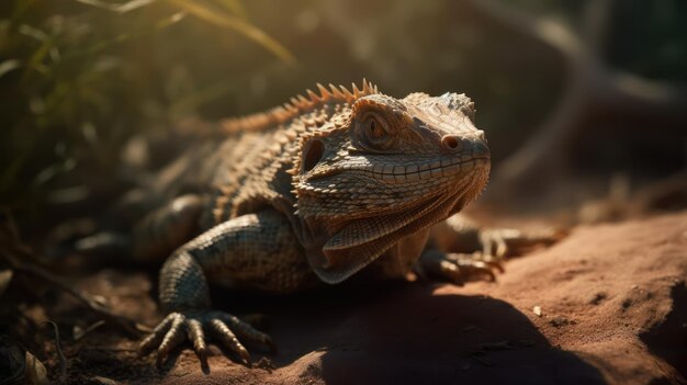 Una lucertola con una testa verde siede su una roccia al sole