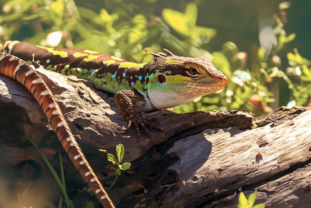 Una lucertola pacifica immersa nei raggi del sole che si croce serenamente