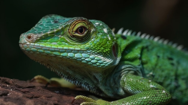 Una lucertola verde con una lunga coda si siede su un ramo.