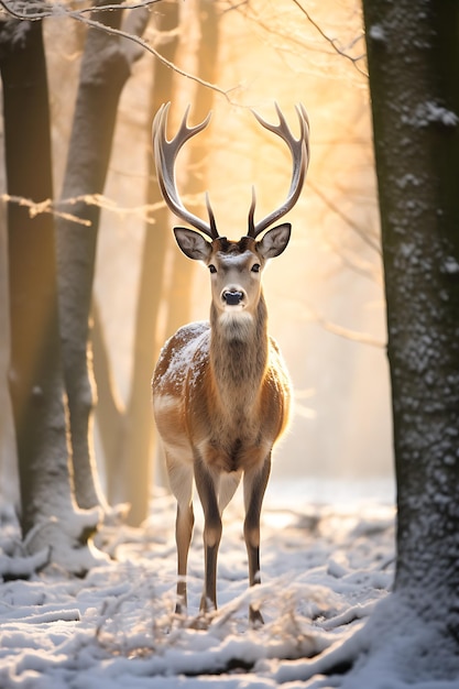 Una lucida foresta innevata con cervi che navigano delicatamente nella neve dell'inverno