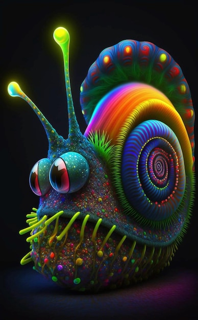 Una lumaca arcobaleno con un disegno a spirale sul fondo.