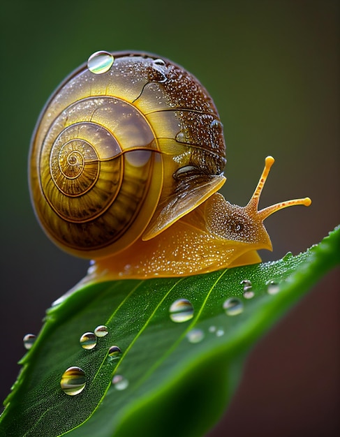 Una lumaca con una conchiglia su una foglia con gocce d'acqua macrofotografia