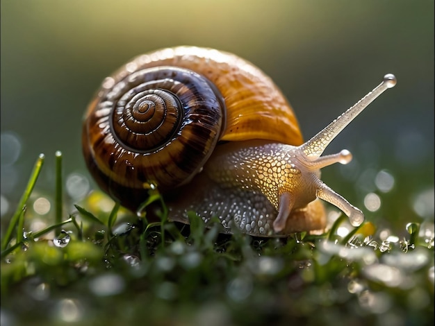 una lumaca è sull'erba e la lumaca sta per andare in giardino