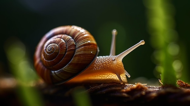 Una lumaca si siede su un ramo davanti a uno sfondo verde.