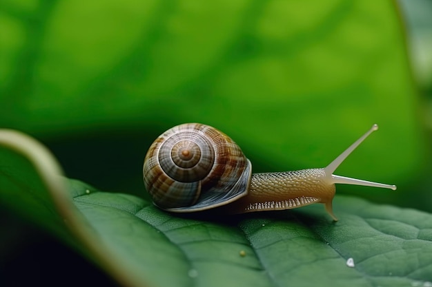 Una lumaca su una foglia verde