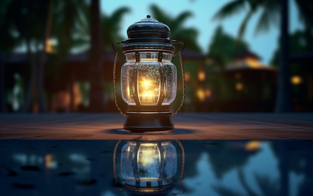 Una luminosa lanterna di vetro Ramadan di notte che galleggia su una pozza d'acqua con uno sfondo di palme