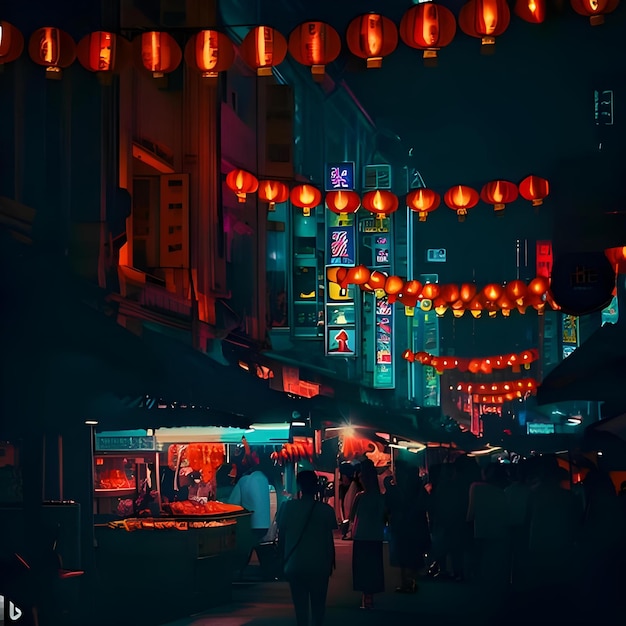 Una luminosa strada di Chinatown con lanterne e luci al neon che la gente si diverte