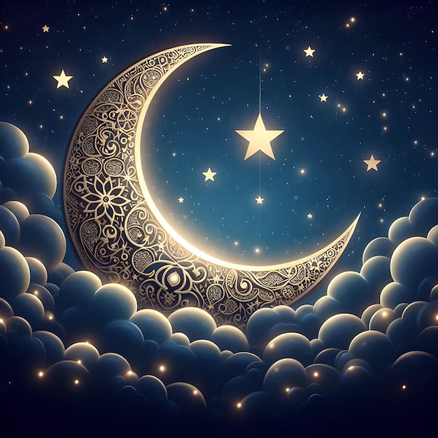 una luna crescente con le stelle sopra di essa in un cielo pieno di nuvole per celebrare Eid Mubarak